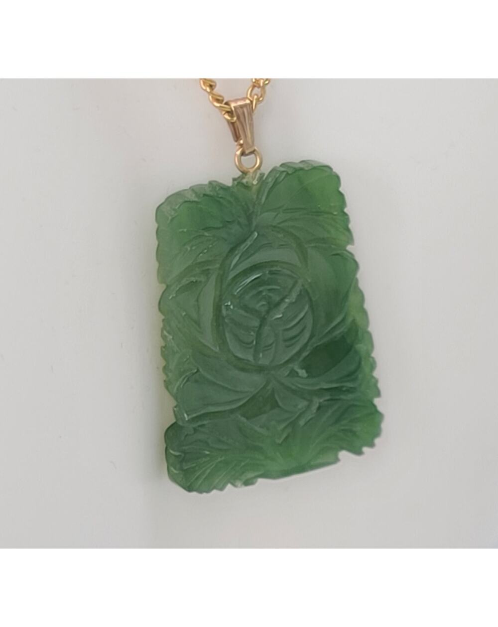 Vintage Hand-Carved Floral Dark Green Jade Jadeite Pendant Necklace 14k Bale 18"